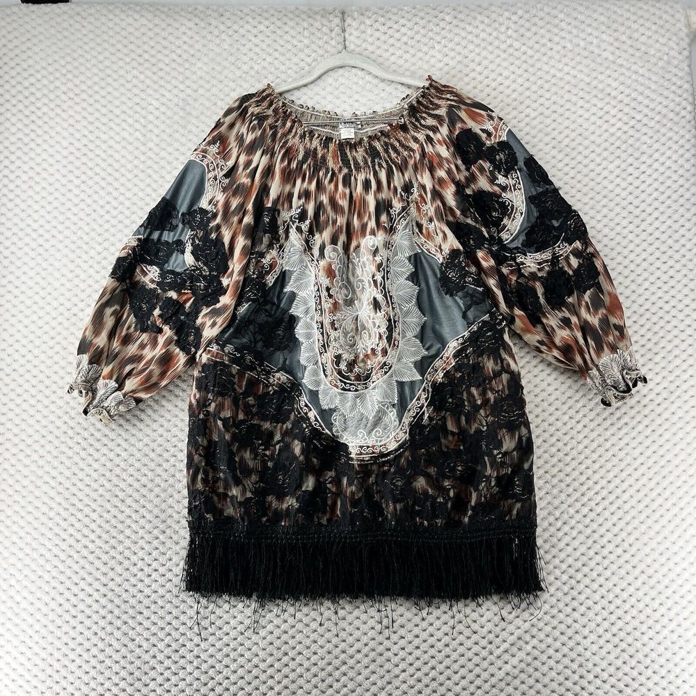Pone Poco Tunic Dress‎ Animal Print Lace Fringe Bohemian Festival Western Size L